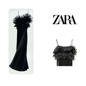 Zara Long Black Slip Women’s Dress w Organza Dot Ruffle Accents